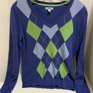 Izod Women's V-Neck Sweater with Blue and Green Argyle